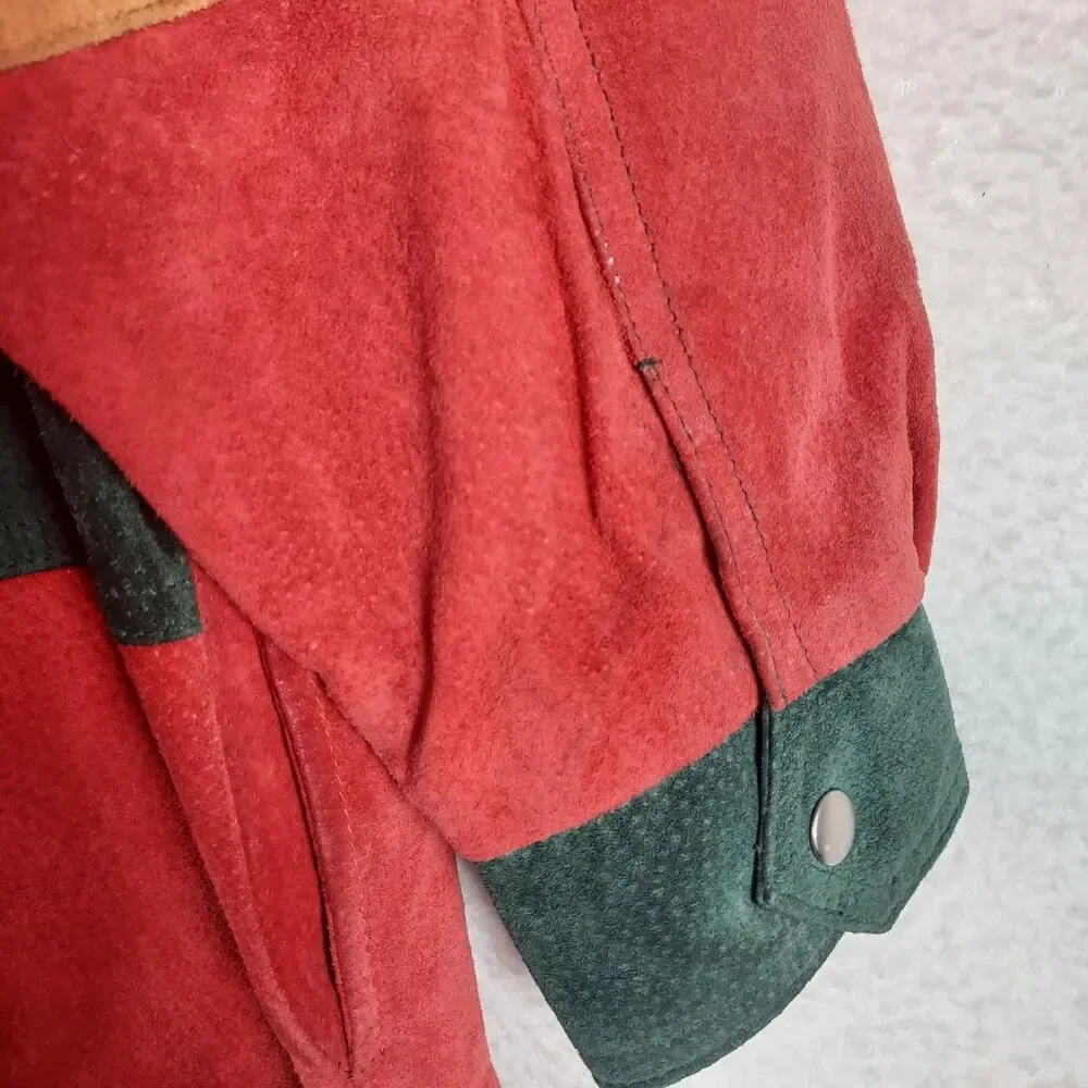 Gitano Vintage Style Leather Suede Jacket Mens Small Hooded Colorblock Green Red